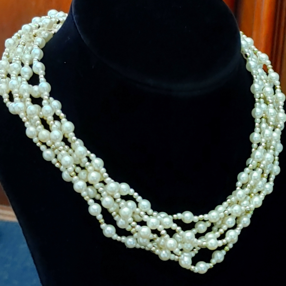 Elegant Pearl Choker Necklace with golden spacers, 8" Drop (16")